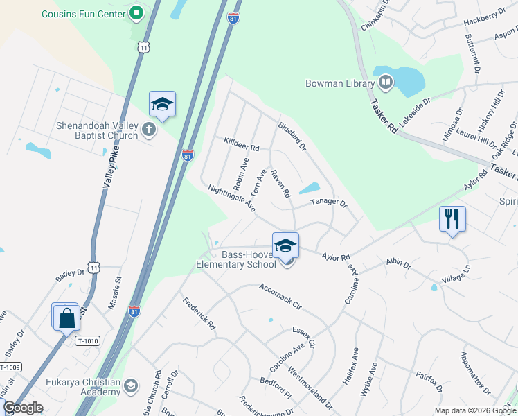 map of restaurants, bars, coffee shops, grocery stores, and more near 139 Nightingale Avenue in Stephens City