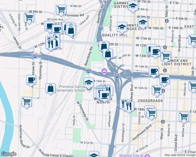 map of restaurants, bars, coffee shops, grocery stores, and more near 1432 Madison Avenue in Kansas City