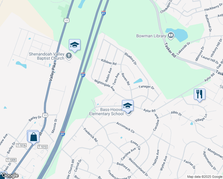 map of restaurants, bars, coffee shops, grocery stores, and more near 139 Nightingale Avenue in Stephens City