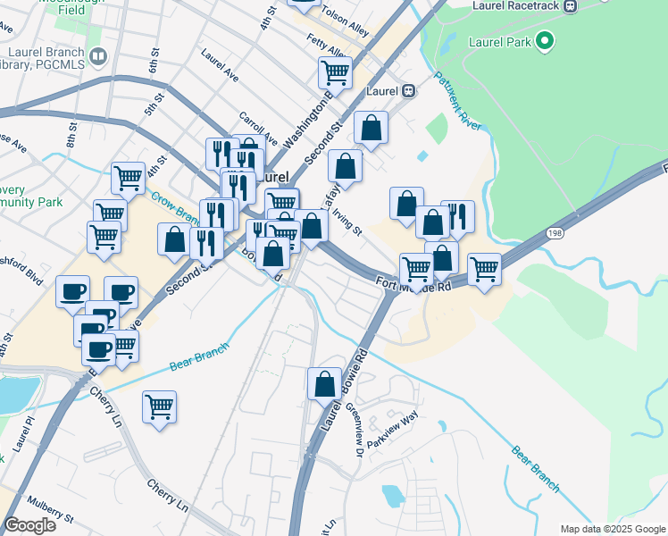 map of restaurants, bars, coffee shops, grocery stores, and more near 10 Woodland Court in Laurel