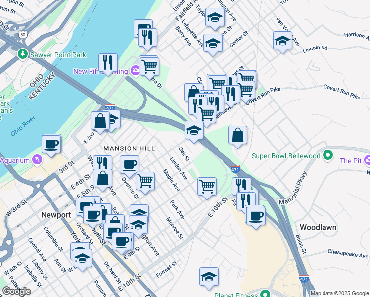 map of restaurants, bars, coffee shops, grocery stores, and more near 609 Oak Street in Newport