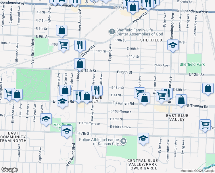 map of restaurants, bars, coffee shops, grocery stores, and more near 1242 Topping Avenue in Kansas City