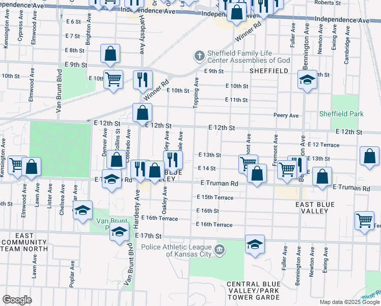 map of restaurants, bars, coffee shops, grocery stores, and more near 1242 Topping Avenue in Kansas City
