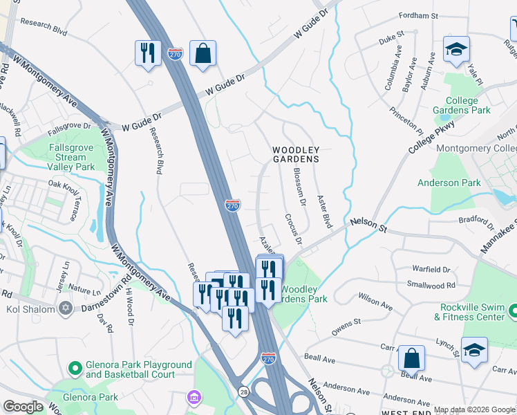 map of restaurants, bars, coffee shops, grocery stores, and more near Azalea Drive in Rockville