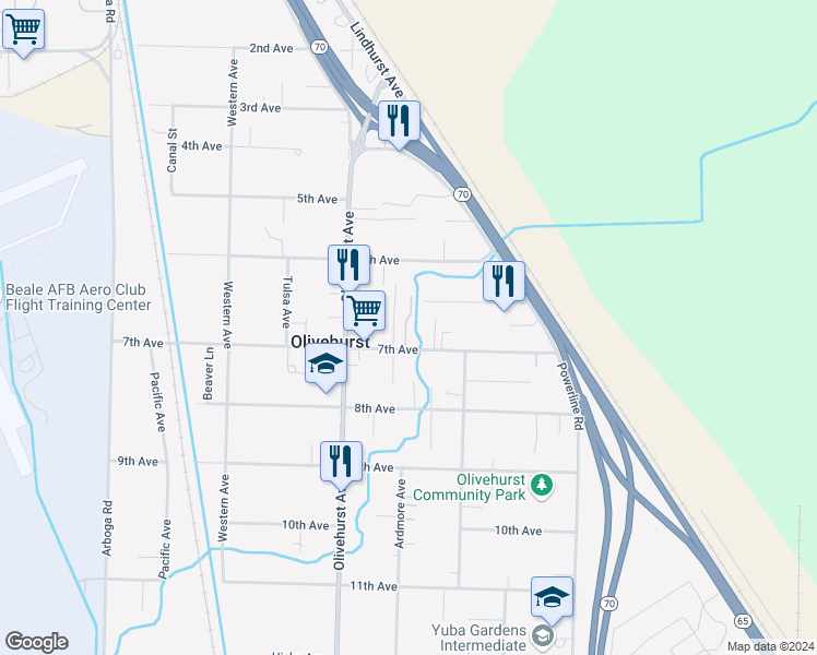 map of restaurants, bars, coffee shops, grocery stores, and more near 1817 7th Avenue in Olivehurst