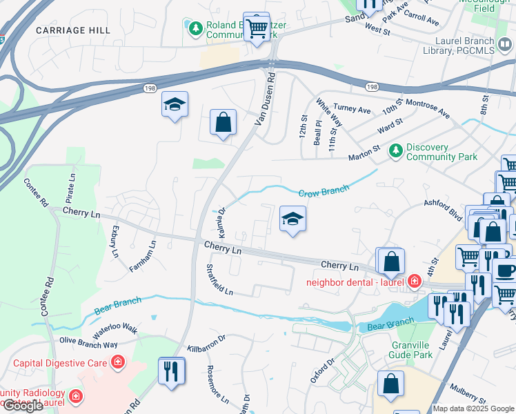 map of restaurants, bars, coffee shops, grocery stores, and more near 14944 Belle Ami Drive in Laurel