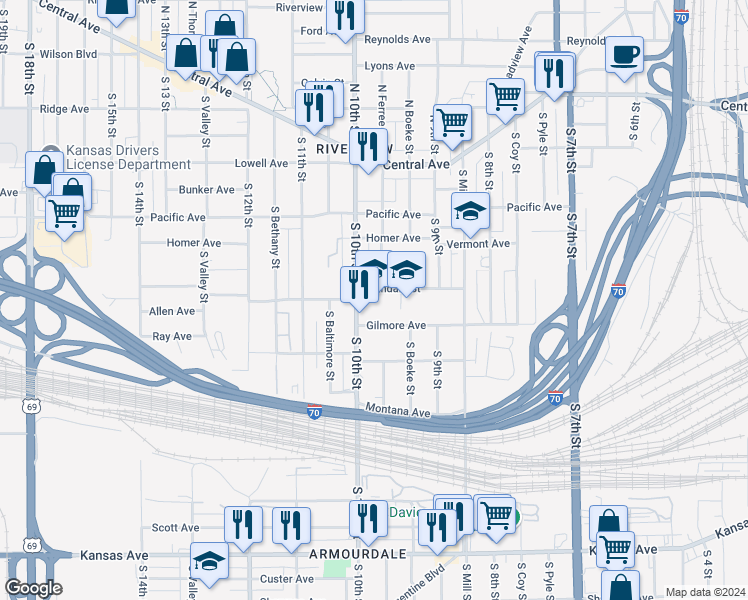 map of restaurants, bars, coffee shops, grocery stores, and more near 295 South 10th Street in Kansas City