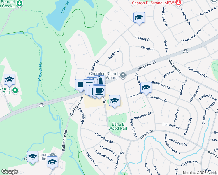 map of restaurants, bars, coffee shops, grocery stores, and more near 14635 Bauer Drive in Rockville