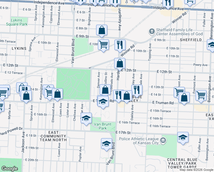 map of restaurants, bars, coffee shops, grocery stores, and more near 1401 Collins Street in Kansas City