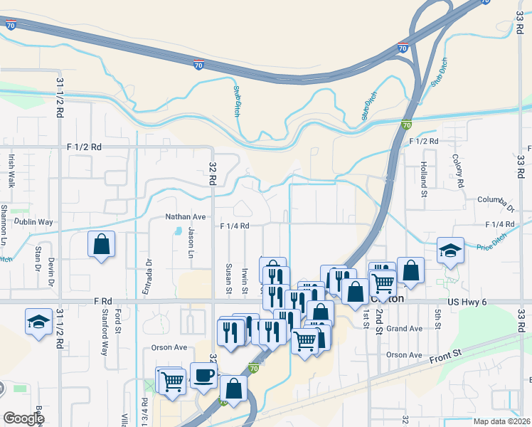 map of restaurants, bars, coffee shops, grocery stores, and more near 628 1/2 Highline Drive in Clifton