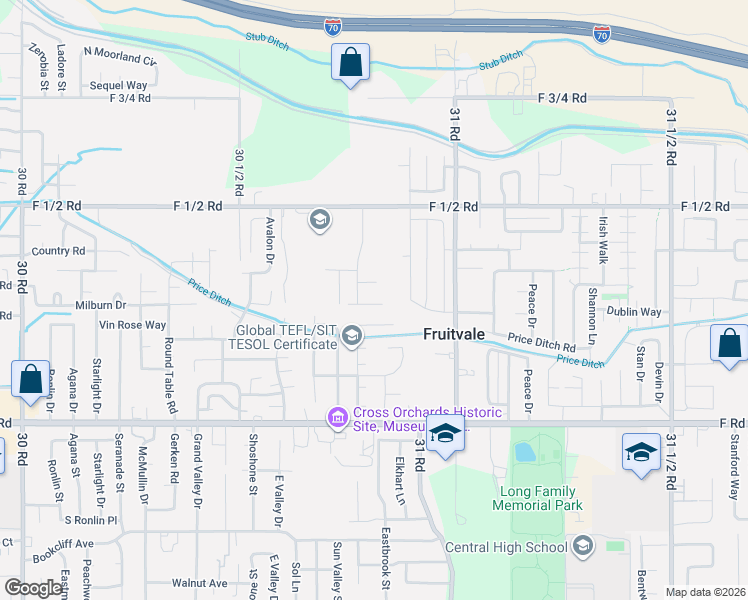 map of restaurants, bars, coffee shops, grocery stores, and more near 3080 Shadowbrook Court in Grand Junction