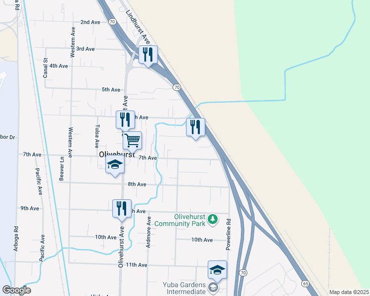map of restaurants, bars, coffee shops, grocery stores, and more near 1889 7th Avenue in Olivehurst