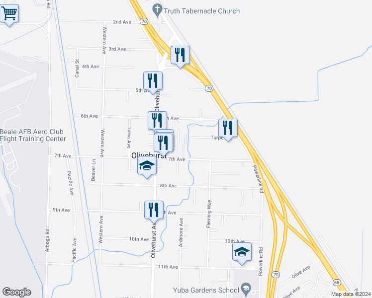 map of restaurants, bars, coffee shops, grocery stores, and more near 4905 Okmulgee Avenue in Olivehurst