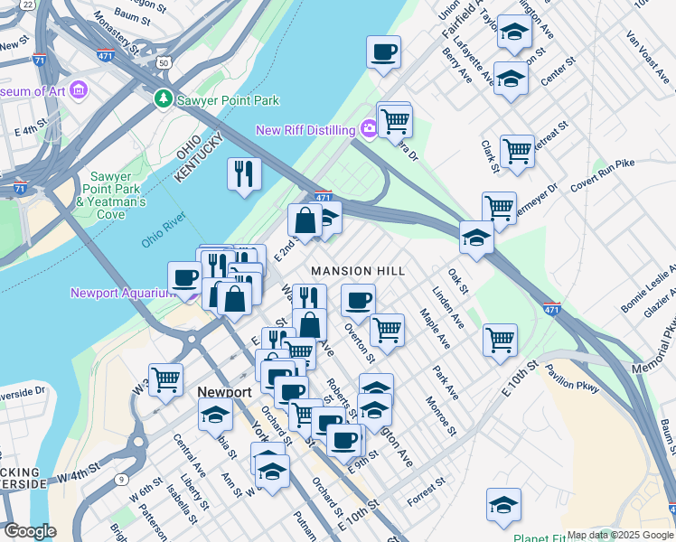 map of restaurants, bars, coffee shops, grocery stores, and more near 328 Park Avenue in Newport
