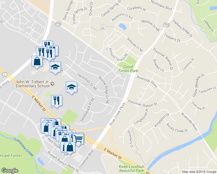 map of restaurants, bars, coffee shops, grocery stores, and more near 710 Bonnie Ridge Drive Northeast in Leesburg