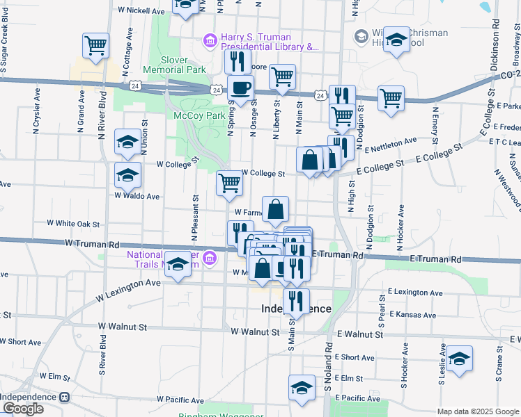 map of restaurants, bars, coffee shops, grocery stores, and more near 214 West Farmer Avenue in Independence