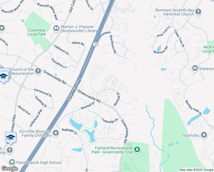 map of restaurants, bars, coffee shops, grocery stores, and more near 3710 Amsterdam Terrace in Burtonsville