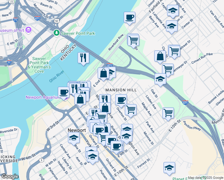 map of restaurants, bars, coffee shops, grocery stores, and more near 328 Park Avenue in Newport