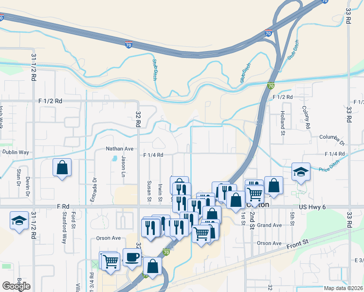 map of restaurants, bars, coffee shops, grocery stores, and more near 628 1/2 Highline Drive in Clifton