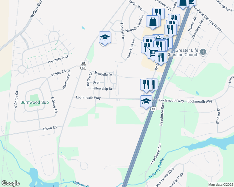 map of restaurants, bars, coffee shops, grocery stores, and more near 227 Tidbury Crossing in Camden