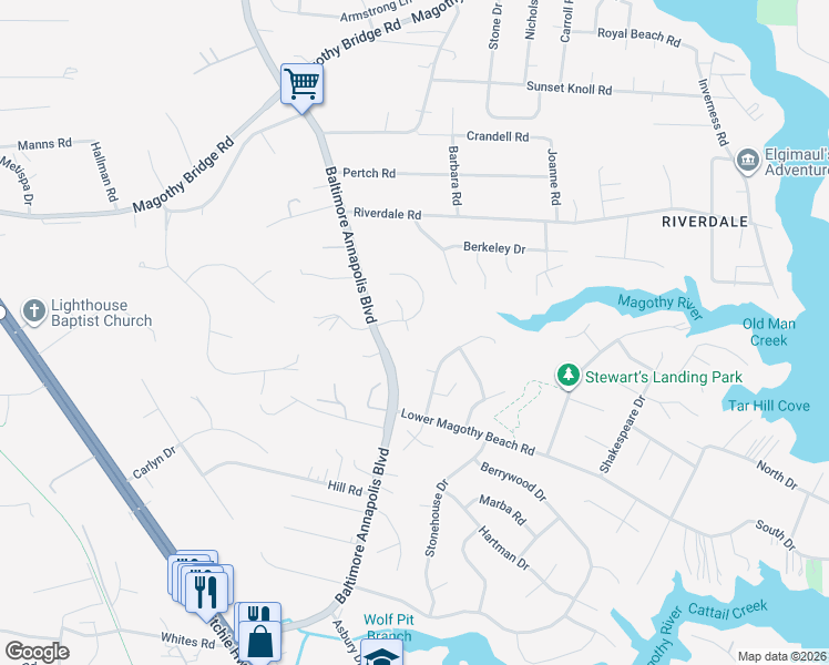 map of restaurants, bars, coffee shops, grocery stores, and more near 259 Malibu Court in Severna Park