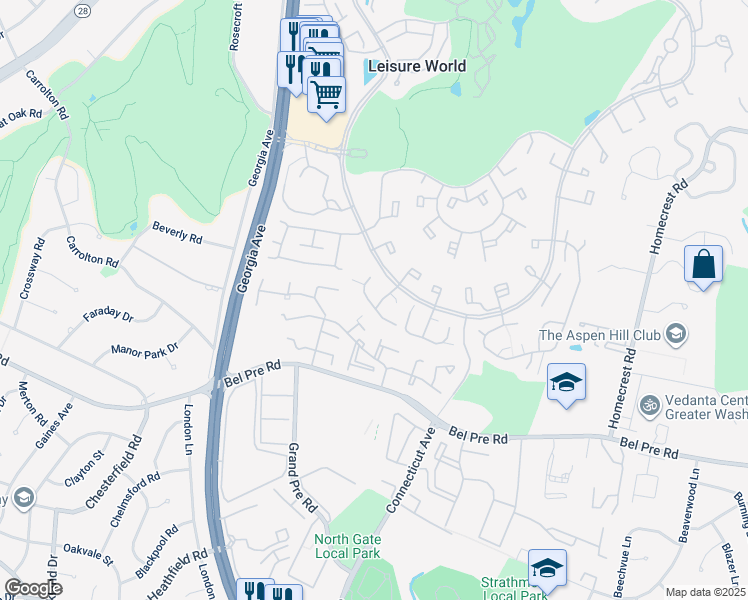 map of restaurants, bars, coffee shops, grocery stores, and more near 3638 Edelmar Terrace in Silver Spring