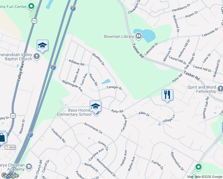 map of restaurants, bars, coffee shops, grocery stores, and more near 203 Tanager Drive in Stephens City
