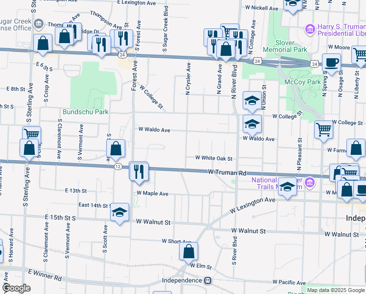 map of restaurants, bars, coffee shops, grocery stores, and more near 412 North Crysler Avenue in Independence