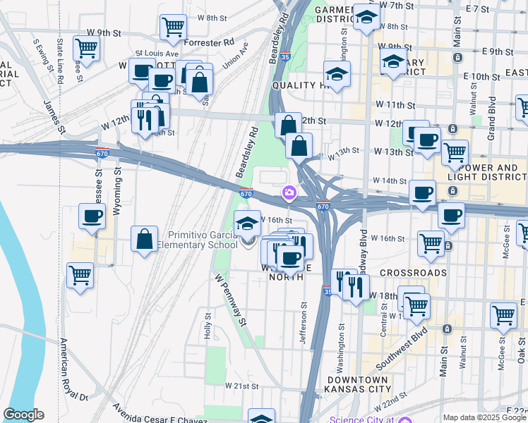 map of restaurants, bars, coffee shops, grocery stores, and more near 1432 Madison Avenue in Kansas City