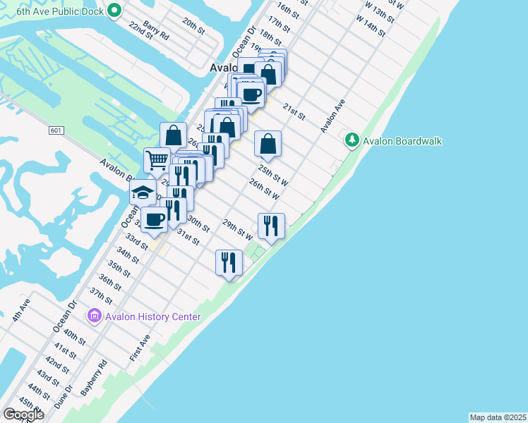 map of restaurants, bars, coffee shops, grocery stores, and more near 10 27th Street in Avalon