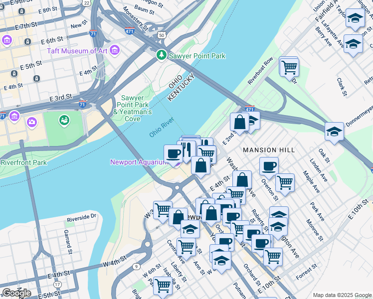 map of restaurants, bars, coffee shops, grocery stores, and more near Riverboat Row in Newport