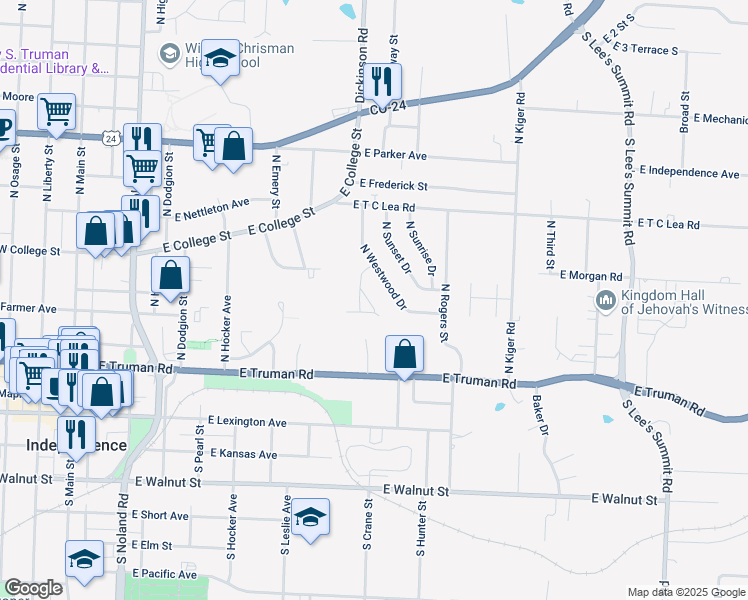 map of restaurants, bars, coffee shops, grocery stores, and more near 607 North Westwood Court in Independence