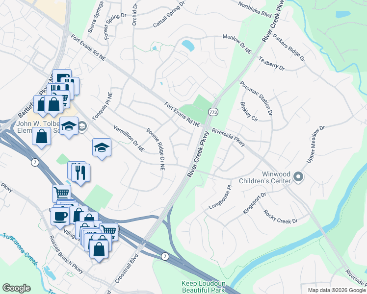 map of restaurants, bars, coffee shops, grocery stores, and more near 815 Kendra Terrace Northeast in Leesburg