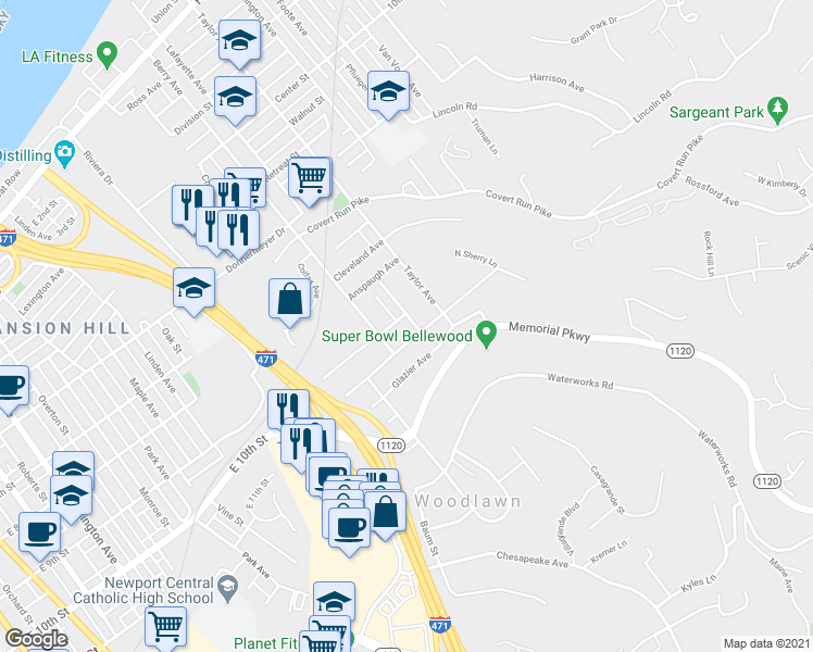 map of restaurants, bars, coffee shops, grocery stores, and more near 1010 Lafayette Avenue in Bellevue