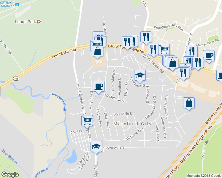 map of restaurants, bars, coffee shops, grocery stores, and more near 254 Federalsburg South in Laurel