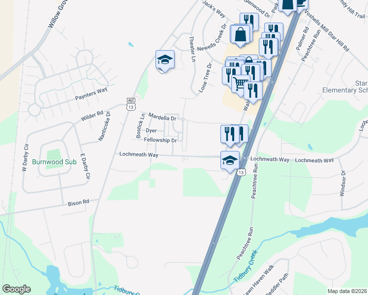 map of restaurants, bars, coffee shops, grocery stores, and more near 227 Tidbury Crossing in Camden