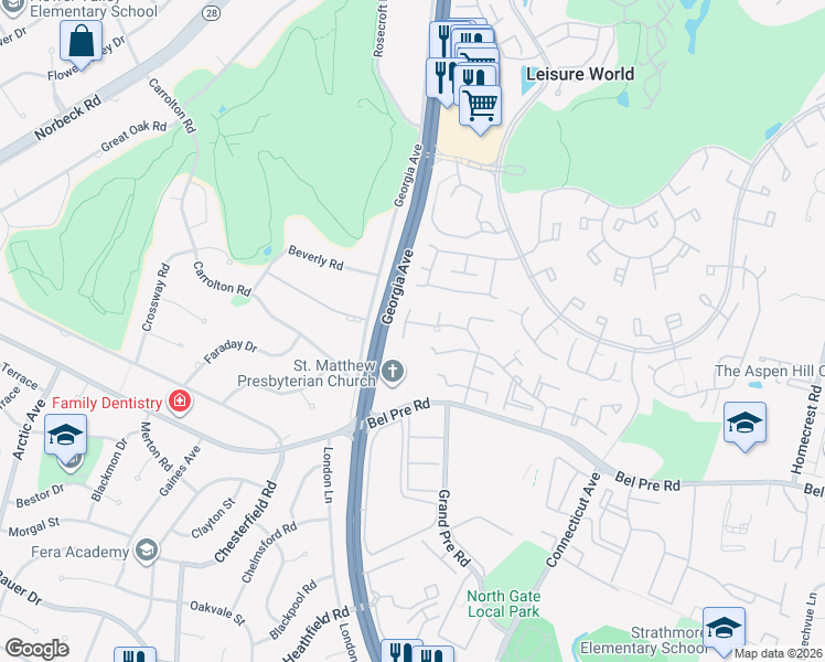 map of restaurants, bars, coffee shops, grocery stores, and more near 14601 Tynewick Terrace in Silver Spring