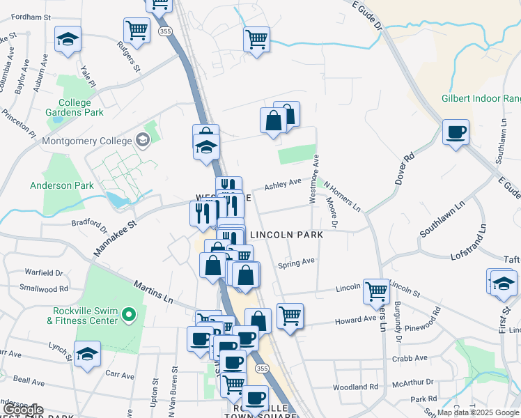 map of restaurants, bars, coffee shops, grocery stores, and more near 903 North Stonestreet Avenue in Rockville