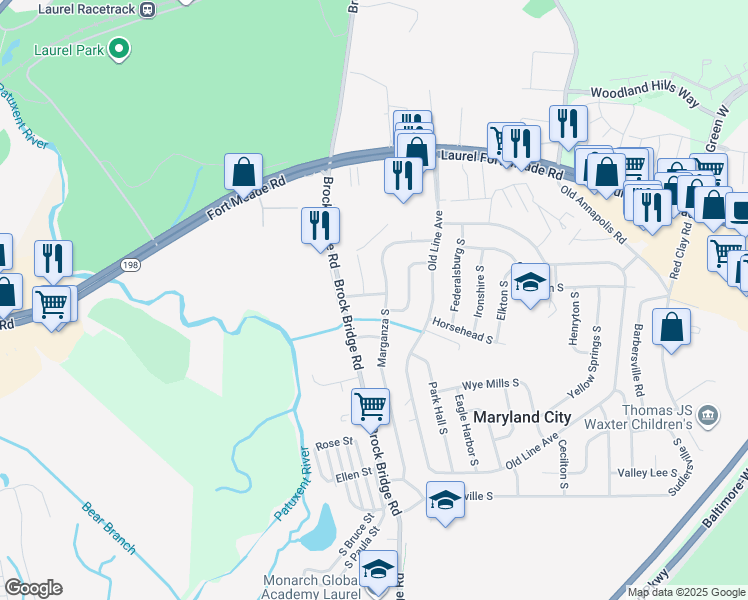 map of restaurants, bars, coffee shops, grocery stores, and more near 3413 Wenona South in Laurel