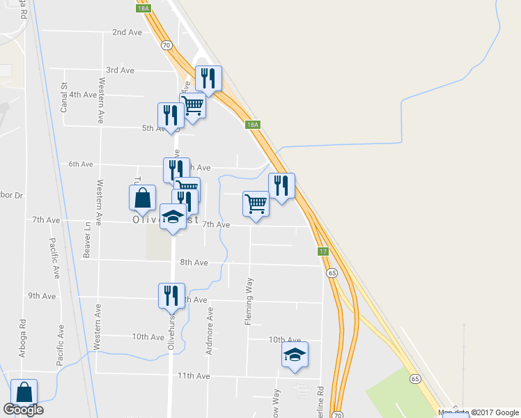 map of restaurants, bars, coffee shops, grocery stores, and more near 1889 7th Ave in Olivehurst