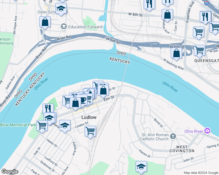 map of restaurants, bars, coffee shops, grocery stores, and more near 32 Ash Street in Ludlow