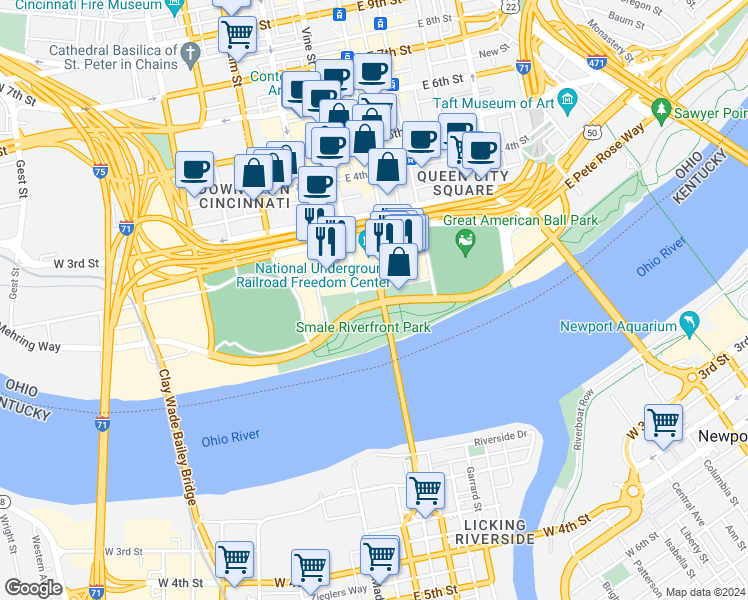 map of restaurants, bars, coffee shops, grocery stores, and more near 8 East Mehring Way in Cincinnati