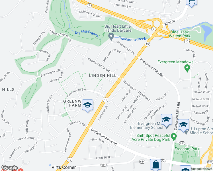 map of restaurants, bars, coffee shops, grocery stores, and more near 110 Pheasant Place Southwest in Leesburg