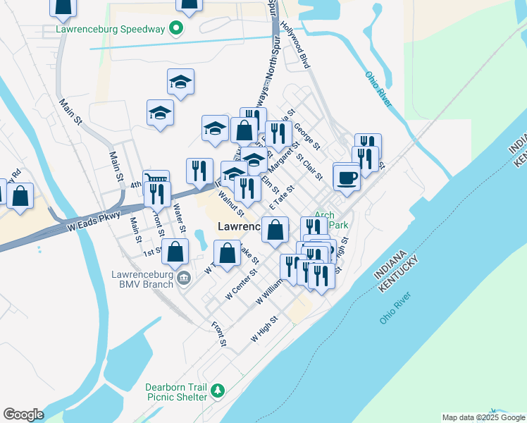 map of restaurants, bars, coffee shops, grocery stores, and more near 401 Short Street in Lawrenceburg