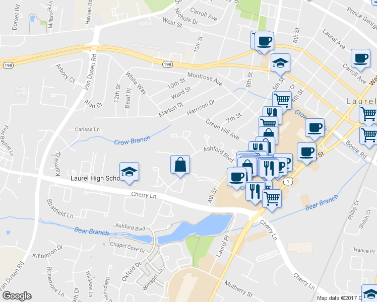 map of restaurants, bars, coffee shops, grocery stores, and more near 8208 Londonderry Ct in Laurel