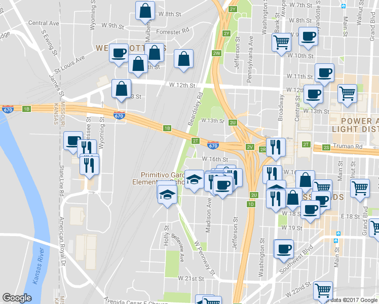 map of restaurants, bars, coffee shops, grocery stores, and more near 1510 Jarboe Street in Kansas City