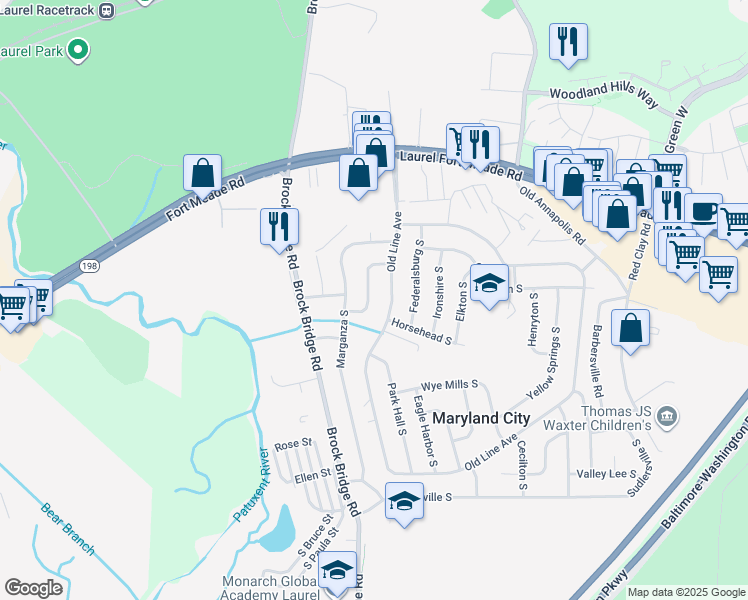 map of restaurants, bars, coffee shops, grocery stores, and more near 239 Spring Gap South in Laurel