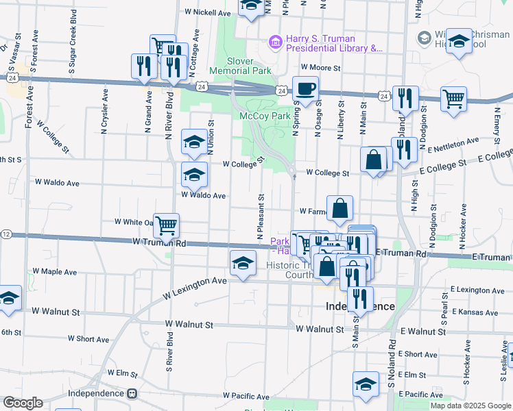 map of restaurants, bars, coffee shops, grocery stores, and more near 502 North Pleasant Street in Independence