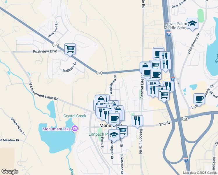 map of restaurants, bars, coffee shops, grocery stores, and more near 111 5th Street in Monument