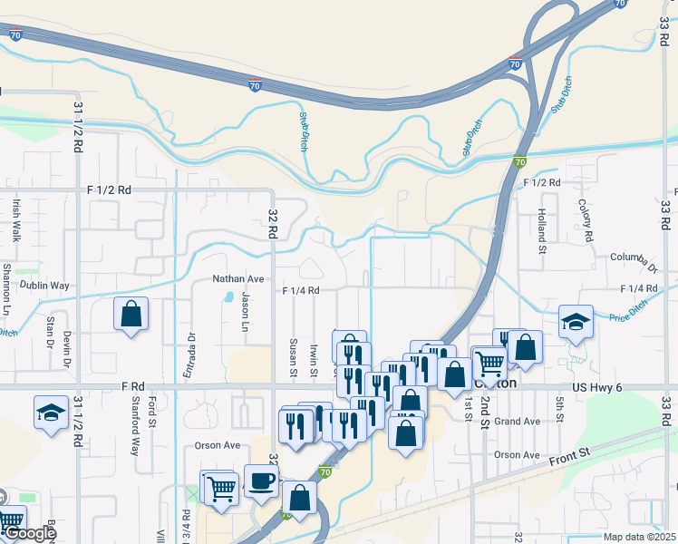 map of restaurants, bars, coffee shops, grocery stores, and more near 628 1/2 Highline Drive in Clifton